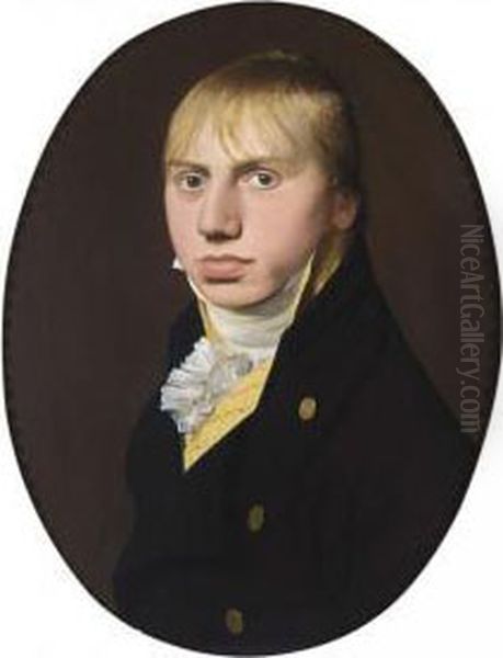 A Portrait Of A Young Man, Bust Length, Wearing A Yellow Coat With A Black Overcoat And White Chemise Oil Painting by Allert Jacobsz. Van Der Poort