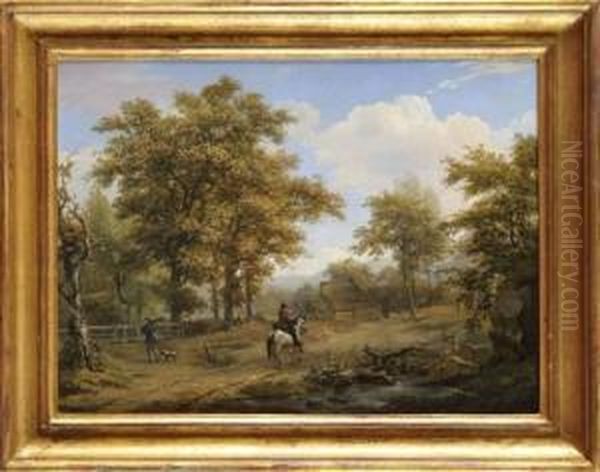 Paysage Au Chasseur Et Au Cavalier Oil Painting by Hendrik Josef Fr. Van Der Poorten