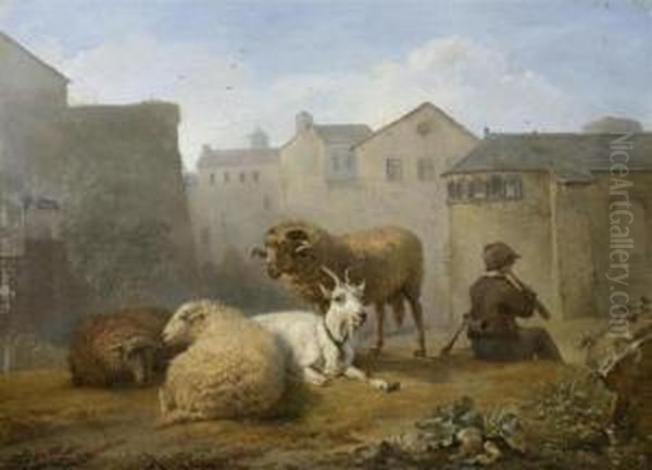 Shepherd With His Sheep Playing Music, Set Before A Town Oil Painting by Hendrik Josef Fr. Van Der Poorten