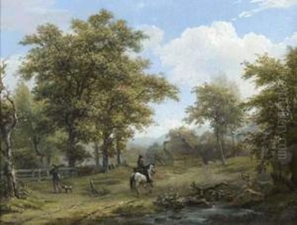 Paysage Au Cavalier Et Chasseur Oil Painting by Hendrik Josef Fr. Van Der Poorten