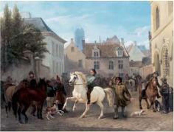 Cavaliers A Anvers Oil Painting by Hendrik Josef Fr. Van Der Poorten