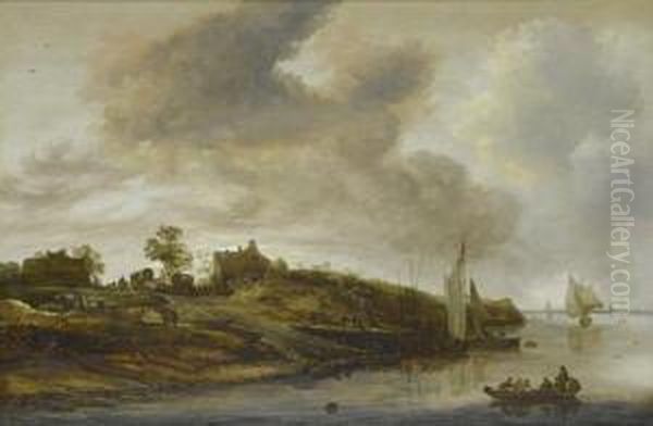 A River Landscape With A Ferry Approaching The Banks Oil Painting by Cornelis Symonsz. Van Der Schalcke