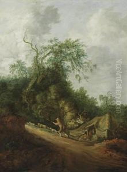 A Dune Landscape With A Shepherd And His Flock Oil Painting by Cornelis Symonsz. Van Der Schalcke