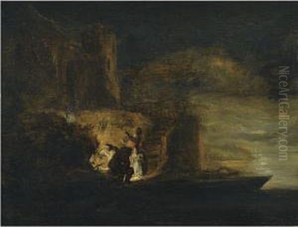 Figures Around A Fire On A River Bank Beneath A City Fortificationat Night Oil Painting by Cornelis Symonsz. Van Der Schalcke