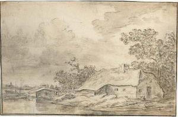 River Landscape With A Thatched Cottage Oil Painting by Cornelis Symonsz. Van Der Schalcke