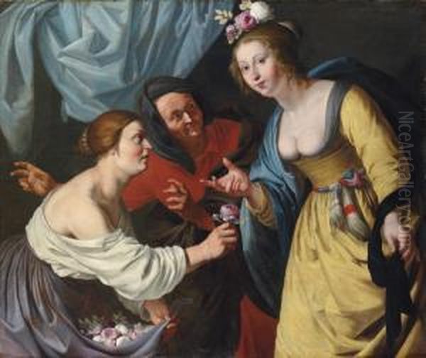 An Allegory Of Youth And Old Age: A Lady Offering Flowers To A Young Woman, With An Elderly Lady Beyond Oil Painting by Albert Jansz. Van Der Schoor