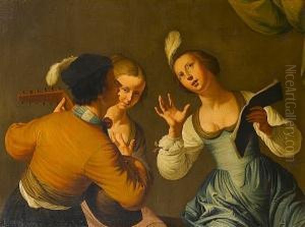 A Musical Company Oil Painting by Albert Jansz. Van Der Schoor