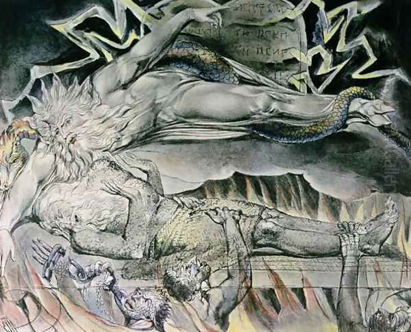 Illustrations of the Book of Job- Job's Evil Dreams, showing Job's God, who has become Satan with cloven hoof and entwined by a serpent 1825 Oil Painting by William Blake