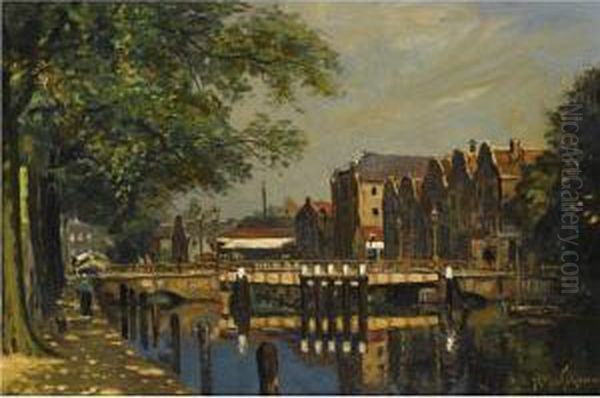 A View Of A Sunlit Canal In A Dutch Town Oil Painting by Adrianus Van Der Schouw