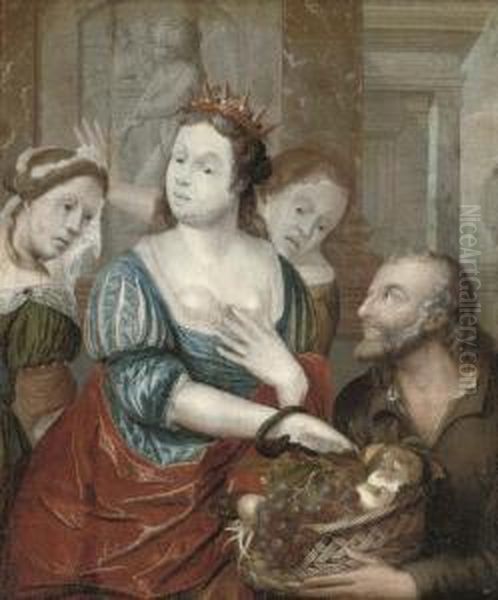 Cleopatra Receiving The Asp From A Basket Of Fruit, With Her Attendants Iras And Charmion Oil Painting by Jacobus Van Der Sluis