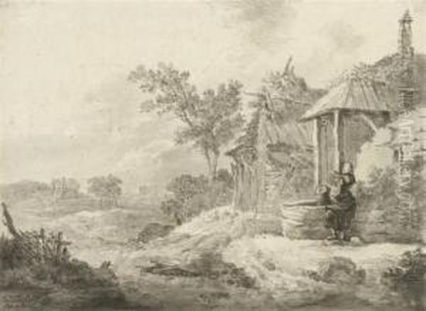 Old Farm With Peasant Girl At A Well Oil Painting by Jakob Van Der Smissen