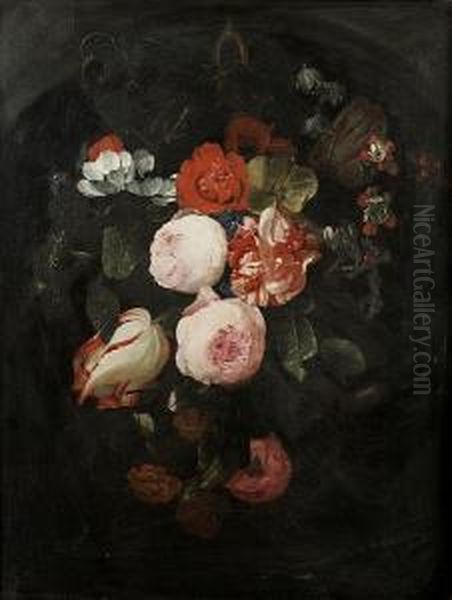 A Garland Of Tulips, Roses, Poppies And Other Flowers In A Niche Oil Painting by Adriaen Van Der Spelt