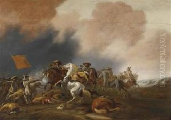 A Cavalry Engagement Oil Painting by Jan Jacobsz. Van Der Stoffe