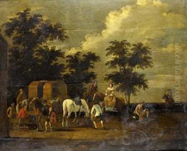 An Elegant Company Feeding Their Horses Beside A Stable Oil Painting by Jan Jacobsz. Van Der Stoffe