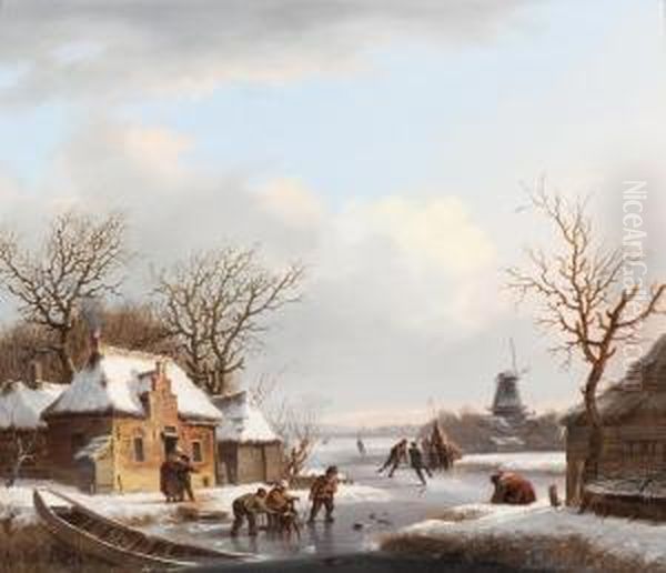 Icescape With 'koek-en-zopie' Vendors Oil Painting by Jacobus Van Der Stok