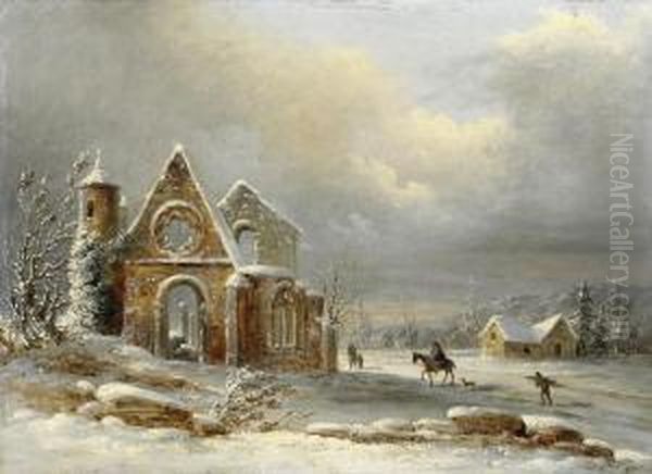 Wintery Landscape With Ruins Oil Painting by Jacobus Van Der Stok