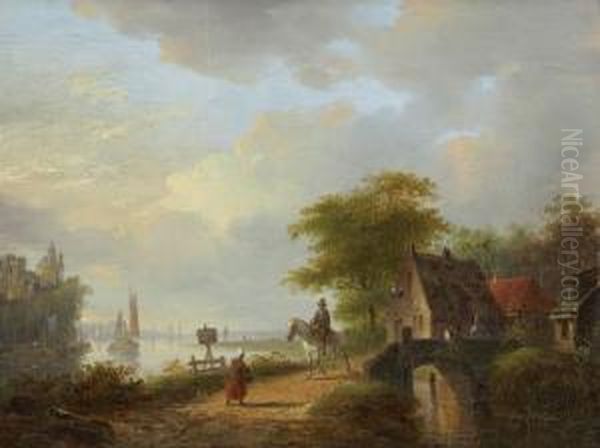 Landschaft Mit Dorf Und Brucke Oil Painting by Jacobus Van Der Stok