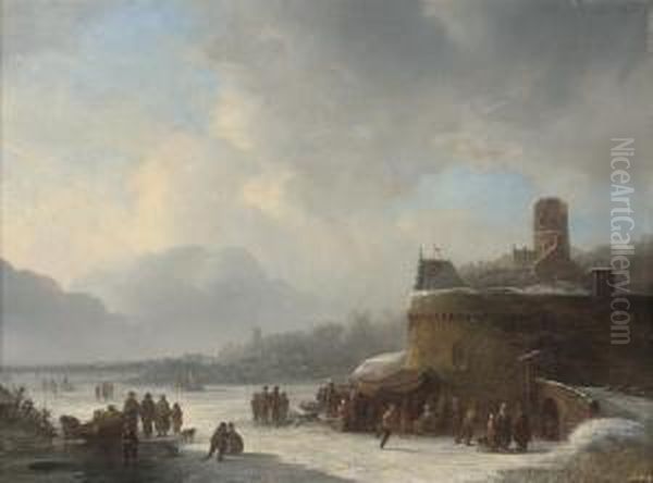 Skaters At A Fort Oil Painting by Jacobus Van Der Stok