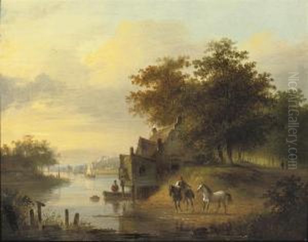 Crossing The River Oil Painting by Jacobus Van Der Stok