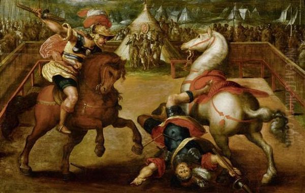 Giovanni De' Medici In Combat On Horseback Oil Painting by Jan van der Straet