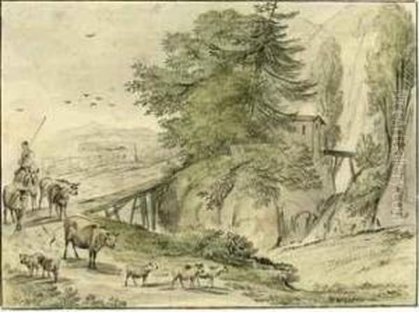 Herdsmen Crossing A Bridge In A Rocky Landscape Oil Painting by Hendrick Van Der Straaten