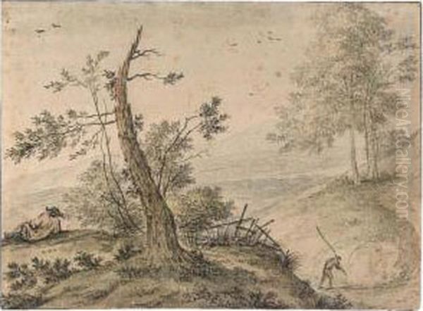 Hilly Landscape With A Figure Resting Oil Painting by Hendrick Van Der Straaten