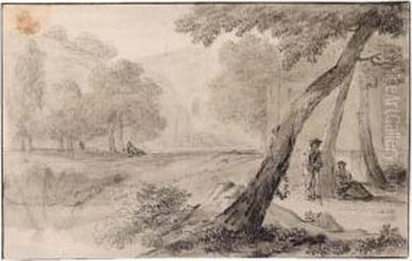 Arcadian Landscape With A Couple Resting By A Tree, Ruins And A Waterfall Behind Oil Painting by Hendrick Van Der Straaten