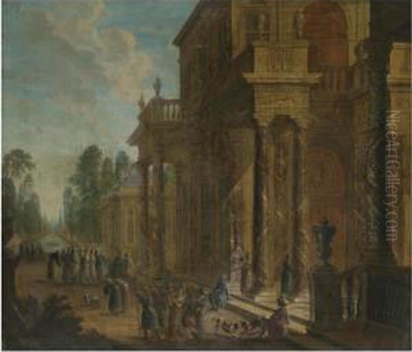 A Capriccio Of A Palace Exterior With Figures Conversing In The Foreground Oil Painting by Jan Baptist Van Der Straeten