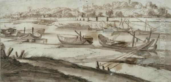 Barques Amarrees Sur Une Berge En Italie Oil Painting by Jacob Van Der Ulft