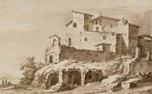 An Italianate Landscape With Ruins Below A Monastery Oil Painting by Jacob Van Der Ulft