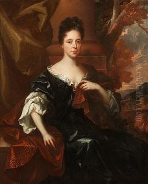 Portrait Of A Young Woman Wearing A Dark Bluedress And Russet Shawl, Seated By A Column In A Landscape Oil Painting by Jan van der Vaart