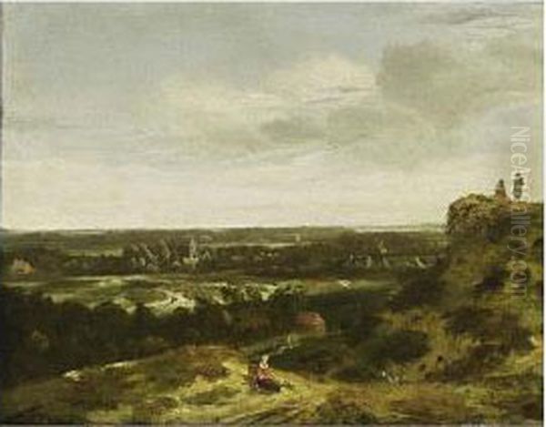 An Extensive Dune Landscape With A Woman Resting In The Foreground, And A View Of A Village Beyond Oil Painting by Jan van der Vaart