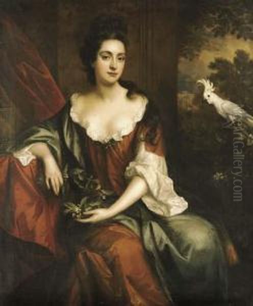 Portrait Of A Lady, Three-quarter-length, Seated In A Brown Dress With A Blue Cloak, Holding Orange Blossom, By A Red Curtain With A White Cockatoo, A Landscape Beyond Oil Painting by Jan van der Vaart