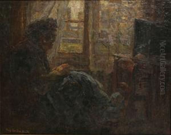 Naaister In Interieur Oil Painting by Fons Van Der Velde