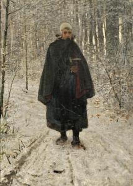 Solitary Figure On A Snowy Path Oil Painting by Petrus van der Velden