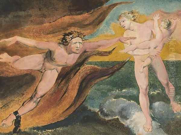 The Good and Evil Angels struggling for possession of a child Oil Painting by William Blake