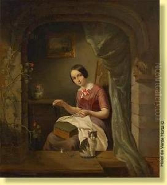 Jeune Fille Cousant A Sa Fenetre Oil Painting by Emmanuel Van Der Ven