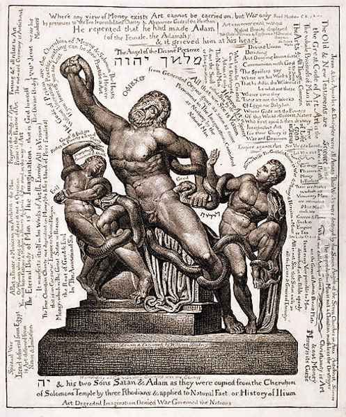 The Laocoon as Jehovah with Satan and Adam, c.1820 Oil Painting by William Blake