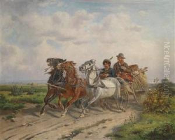 Troika Ride With Self-portrait Of The Artist Oil Painting by Adolf van der Venne