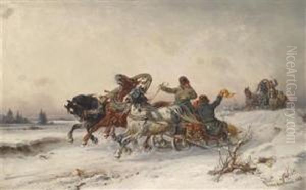 The Race Of The Trojka Oil Painting by Adolf van der Venne