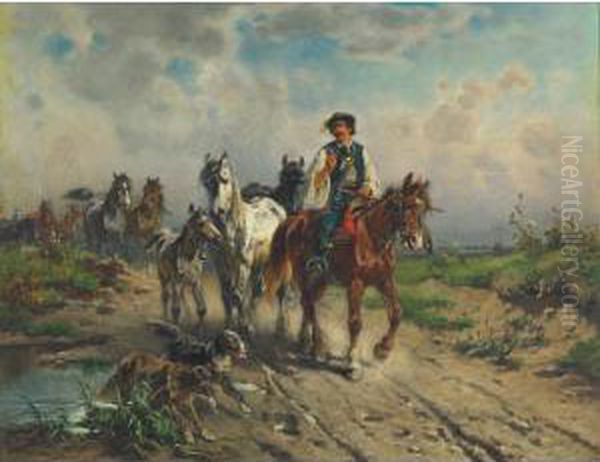 The Horse Dealers Riding Across The Hungarian Plains Oil Painting by Adolf van der Venne