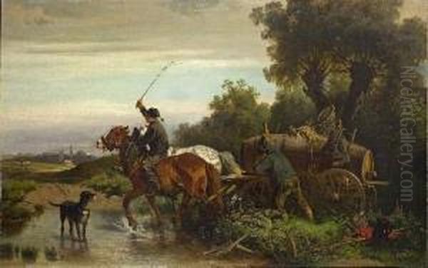 Pferdegespann Beim Uberqueren Einer Furt Oil Painting by Adolf van der Venne