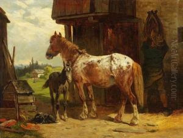 Stute Mit Fohlen Im Hof Oil Painting by Adolf van der Venne