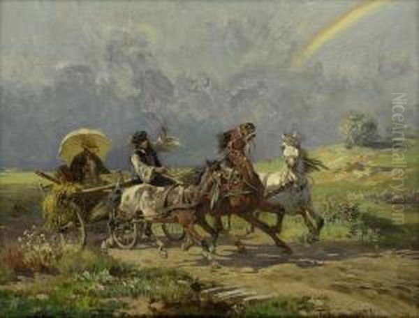 Pferdegespann Bei Heranziehendem Unwetter Oil Painting by Fritz van der Venne