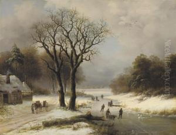 Daily Activities On The Ice Oil Painting by Willem Van Der Vijver