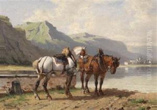 Horsesby The Lake Shore Oil Painting by Paul Van Der Vin