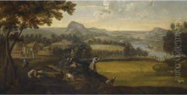 An Extensive Landscape With Figures And A Gentleman Shootingover Pointers Oil Painting by Jan Vincentz Van Der Vinne