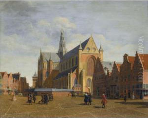 Haarlem The Groote Markt Looking Towards The Church Of Saint Bavo Oil Painting by Jan Vincentz Van Der Vinne