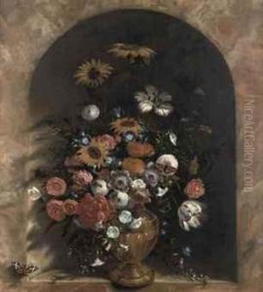 Sunflowers, Roses, Tulips And Other Flowers In A Guilded Vase In Atrompe-l'oeil Marble Niche Oil Painting by Laurens Vincentsz Van Der Vinne