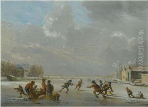 Winter Landscape With Skaters On A Frozen Lake Oil Painting by Vincent Jansz. Van Der Vinne